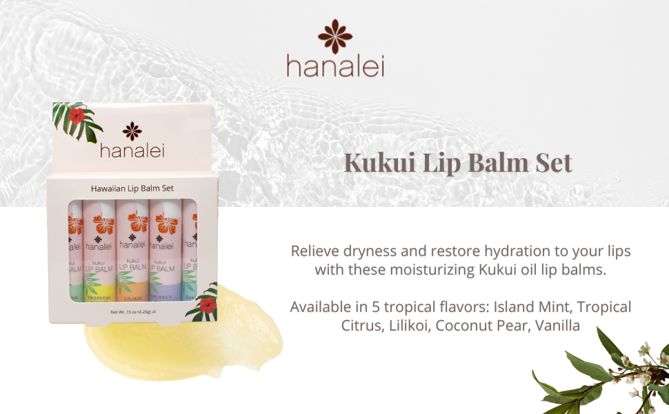 Hanalei Kukui Oil Lip Balm Set including island mint tropical citrus lilikoi coconut pea vanilla