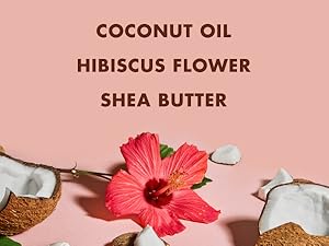  Pieces of coconut and hibiscus on light pink background with text.