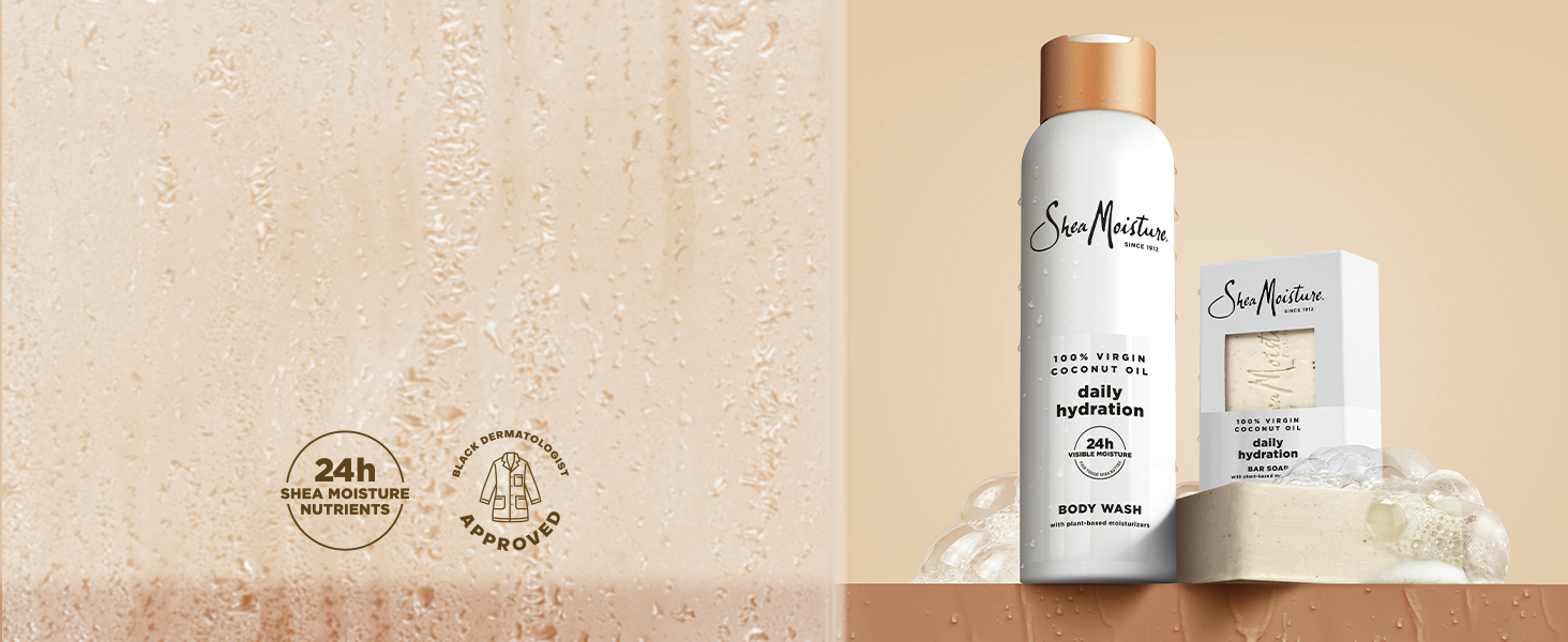 A collection shot of the 100% Virgin Coconut Oil Body Wash and Bar Soap on a beige background