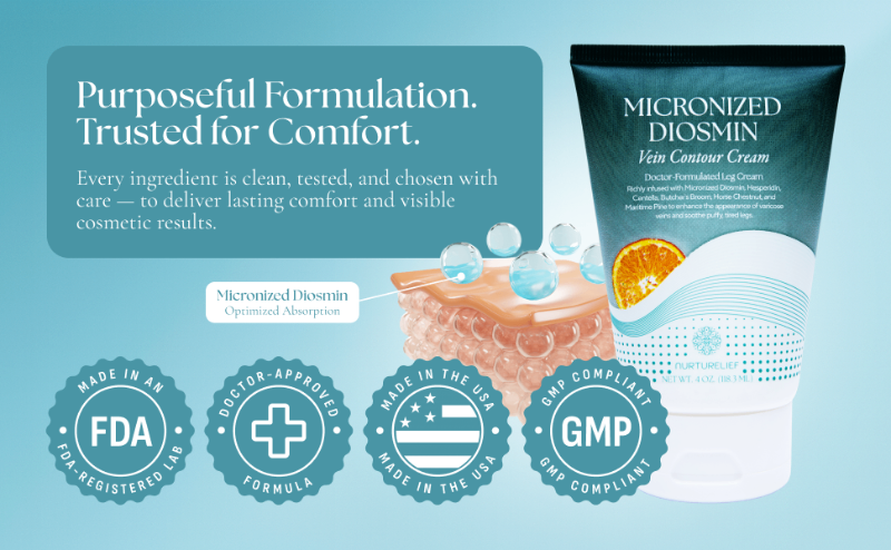Nurturelief vein cream with ingredient and quality badges
