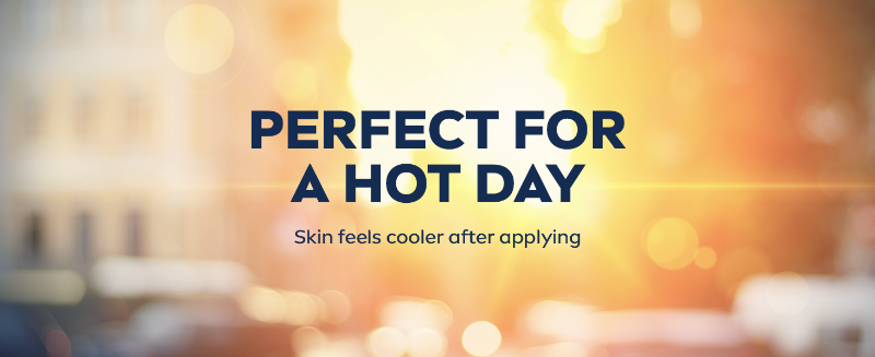 Text: Perfect for a hot day, skin feels cooler after applying