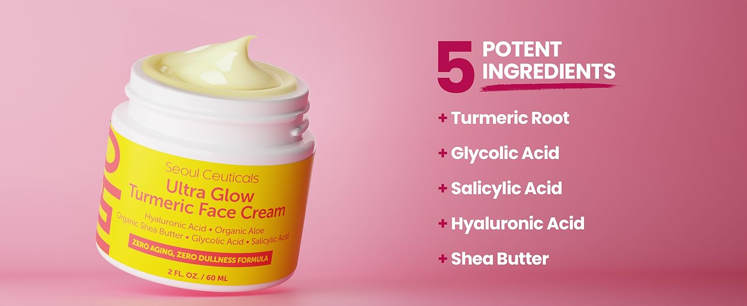 SeoulCeuticals Glycolic Acid cream with white text showing 5 key ingredients on pink background