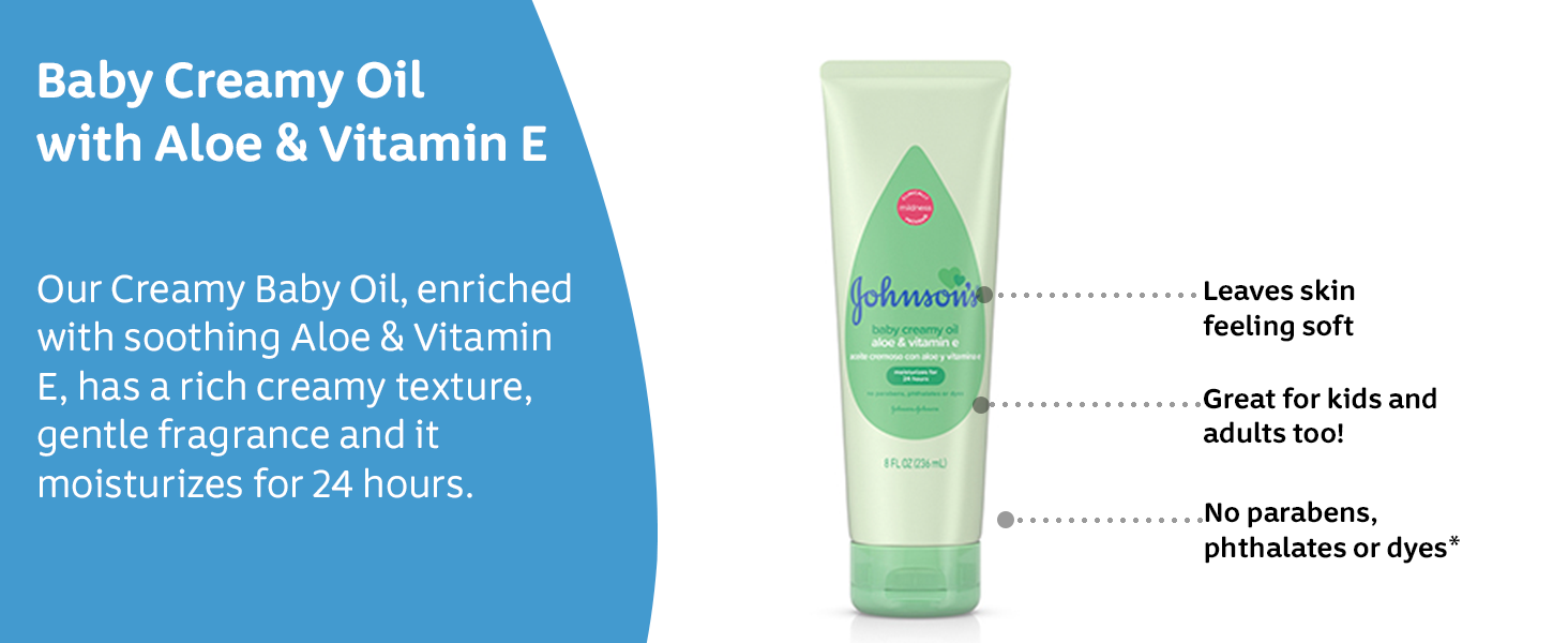 Our Creamy Baby Oil, enriched with soothing Aloe & Vitamin E, moisturizes for 24 hours