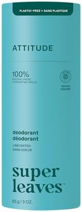 ATTITUDE Plastic-Free Deodorant, EWG Verified, Aluminum Free, Vegan Naturally Sourced Body Deodorants for Women & Men, Dermatologically Tested, Unscented, 3 Ounces