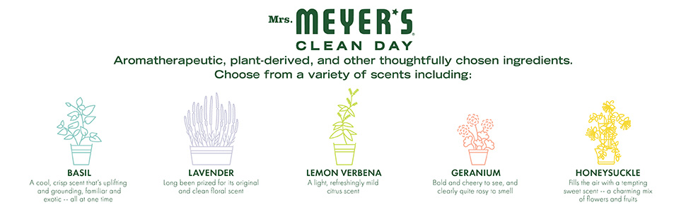 Mrs. Meyer's Clean Day Aromatherapeutic, plant-derived, and other thoughtfully chosen ingredients.