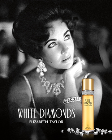 Elizabeth Taylor with White Diamonds perfume bottle