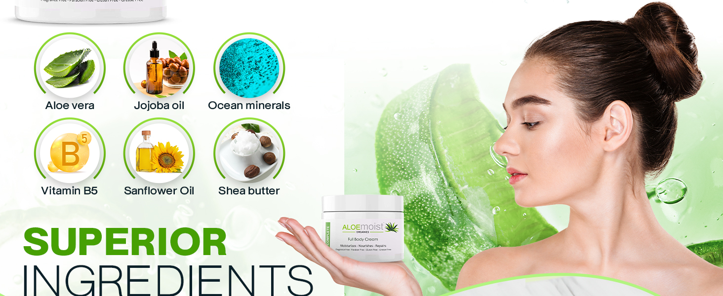 Our organic moisturizer body cream contains aloe vera, jojoba oil, and other ingredients