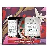 Text reads 'THE BODY SHOP' and 'STRAWBERRY TREATS'. Marketing display featuring pink-tinted product packaging and decorative floral elements in a cohesive strawberry-themed design layout.