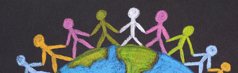 Drawing of the Earth encircled by stick figures holding hands