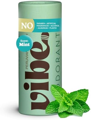 Vibe Aluminum Free Natural Deodorant for Women and Men - Long Lasting Odor Control with Organic Coconut Oil and Beeswax for Sensitive Skin, No Baking Soda or Parabens, Plastic Free (Mint)