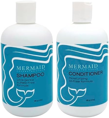 Mermaid Extension Hair Care Shampoo & Conditioner Combo | Oil-Free Gentle Moisturizing Salon Grade Hydrating | Plant-Based Sulfate & Paraben-Free Color-Safe Vegan Formula | (16 oz)