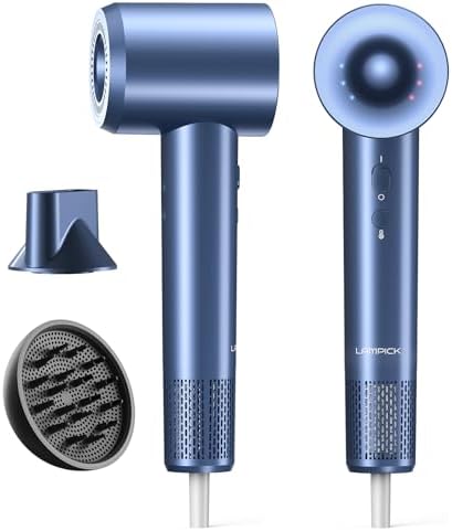 LAMPICK Hair Dryer, 150000 RPM Lightweight High Speed Ionic Blow Dryer for Fast Drying, 500 Million Negative Ions Care & Heat-Control Hairdryer with Magnetic Diffuser & Nozzle, 5 Temps & 3 Speeds
