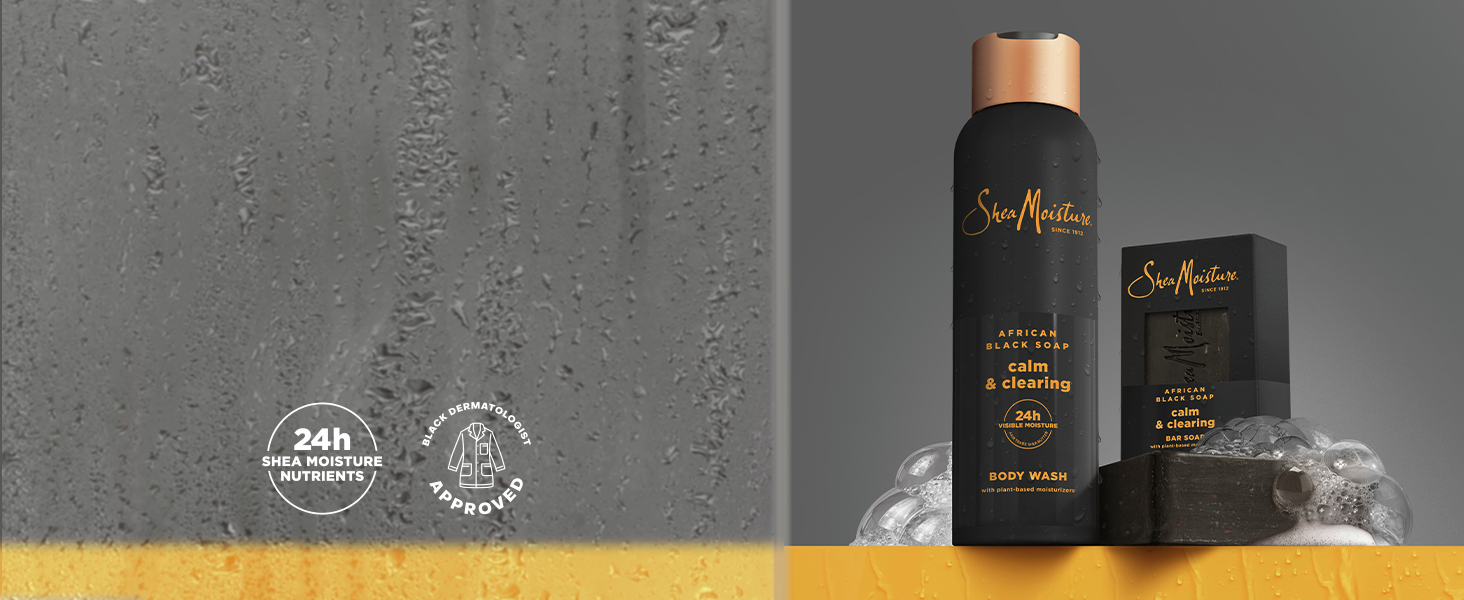 A collection shot of the African Black Soap Body Wash and Bar Soap on a dark gray background.