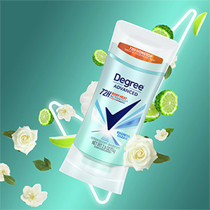 Close-up of Degree Advance Protection Antiperspirant Deodorant inside neon checkmark.