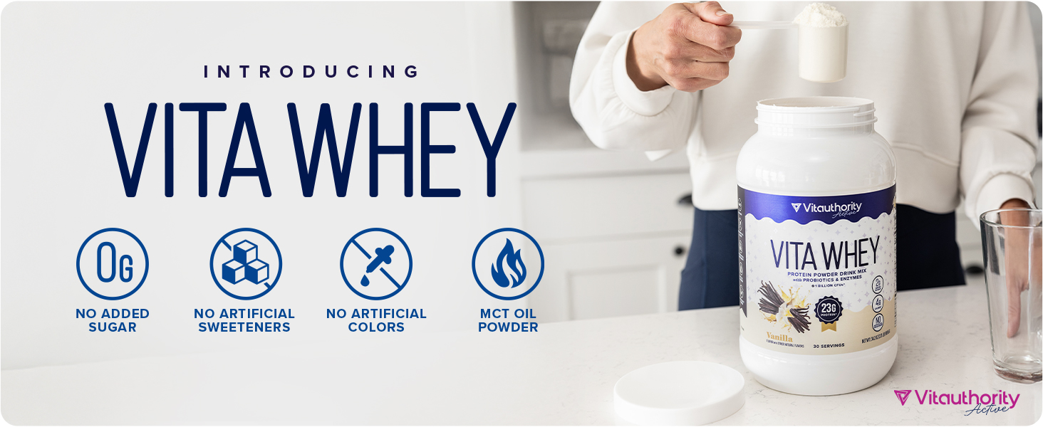 Vita Whey Protein 23g of high-quality infused with probiotics and enzymes to support digestion