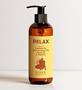 Text reads 'RELAX'. Amber glass bottle with dropper cap containing essential oil or wellness product.