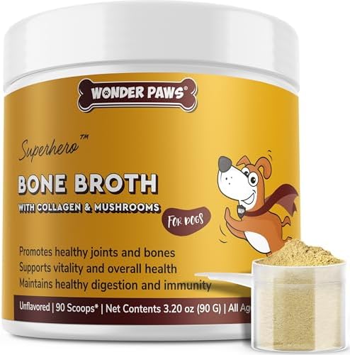 Wonder Paws Bone Broth for Dogs – Bone Broth Powder with Organic Mushrooms & Collagen for Digestion, Immunity & Joint Support – Tasty Beef Supplement for Dogs of All Ages, Sizes & Breeds – 3.20 oz