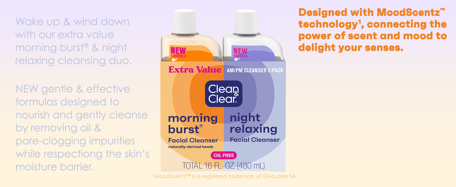 Clean & Clear Night & Day duo on light purple to orange gradiant background, new & effective formula