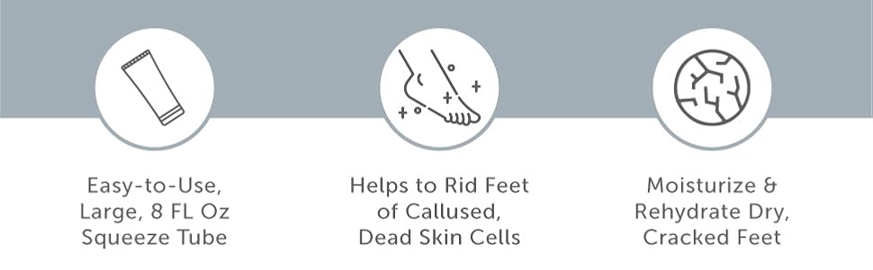 easy to use, 8 fl oz, squeeze tube, helps rid feet of callused, dead skin cells, moisturize