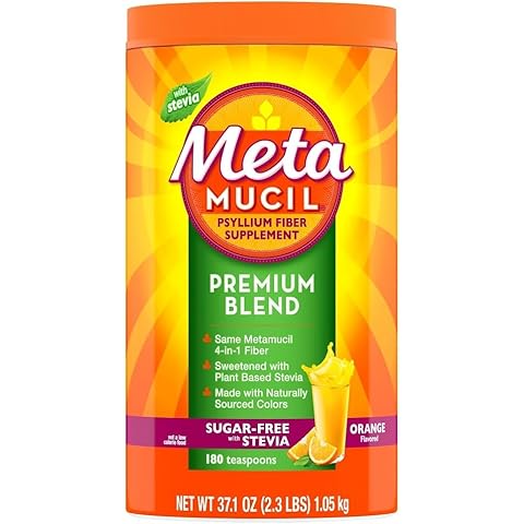 Metamucil Premium Blend, 4-in-1 Fiber Supplement for Digestive Health, Psyllium Husk Powder, Sugar-Free with Stevia, Plant-Based Fiber Supplement, Orange Flavored, 180 teaspoons