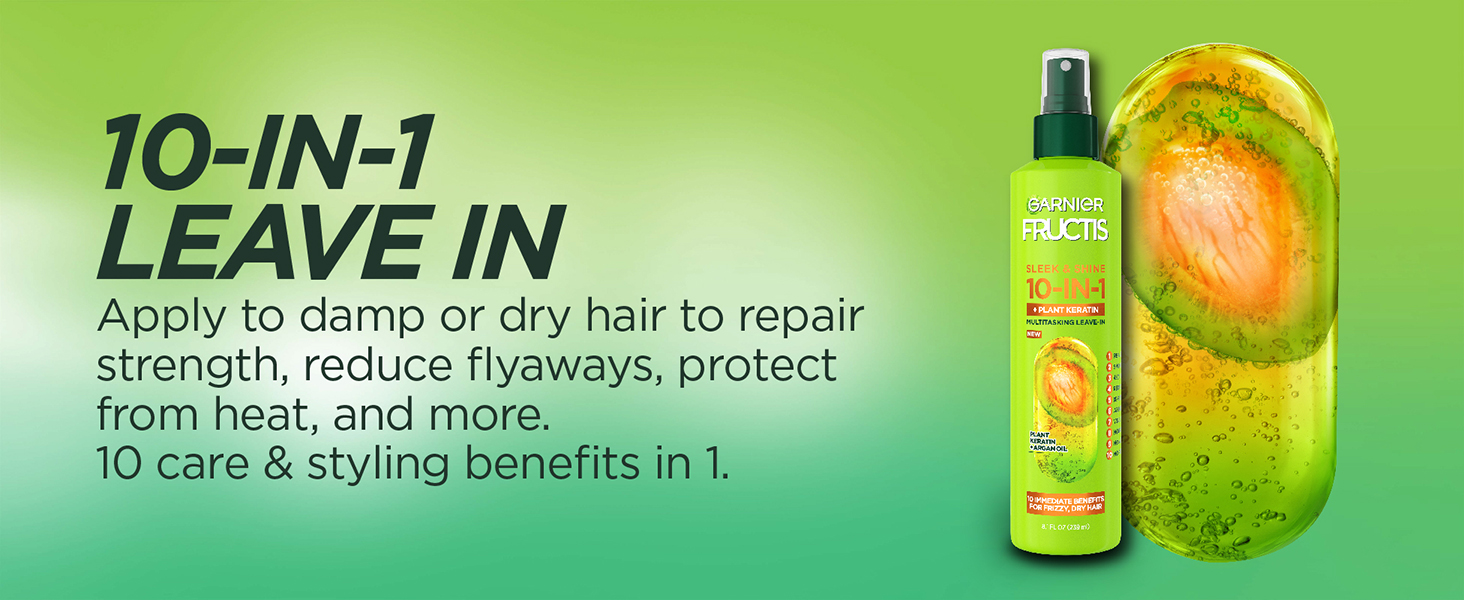 10-in-1 leave in: apply to damp or dry hair to repair strength, reduce flyaways, protect from heat 