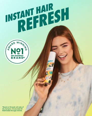 Instant Hair Refresh with girl holding tropical dry shampoo