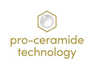 Golden pro-ceramide technology stamp on white background.