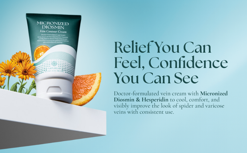 Micronized Diosmin vein cream with orange and calendula on blue background.