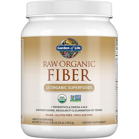 Garden of Life Raw Organic Fiber Powder, 30 Servings, 15 Organic Superfoods, Probiotics, Omega-3 ALA, 4g Soluble Fiber, 5g Insoluble for Regularity, Psyllium Husk Free