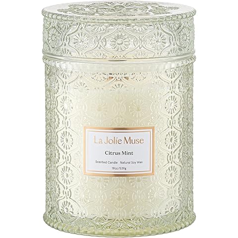 LA JOLIE MUSE Citrus Mint Candle - Bergamot, Yuzu, Mint | 19 oz Large Wooden Wick Candle | Natural Soy Wax | 90 Hours Clean Burn | Fresh Citrus Candles | Modern Home Decor