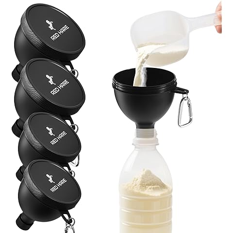 RED HARE Premium Protein Powder Containers with Sturdy Aluminium Carabiners, Portable Pre Workout and Protein Powder Funnels for Supplement Powder Mixes, 2 Large&2 Small Water Bottle Funnels