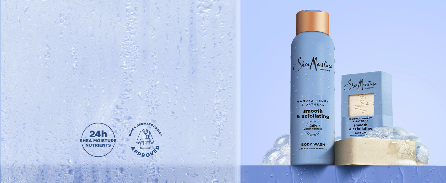 A collection shot of the Manuka Honey & Oatmeal Body Wash and Bar Soap on a blue background.