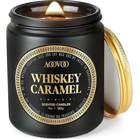 AOOVOO Scented Candles for Men - Premium Whiskey Caramel Candle for Home Scented | Crackling Wood Wick Soy Candles | Strong Fragranced Masculine Black Jar Candle Gift for Women & Men, AO-LZY0157