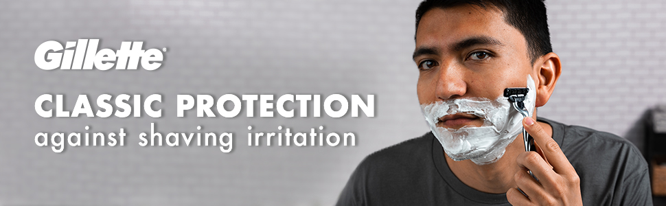 Content man is shaving with Mach3 razor, using the Foamy Regular for classic protection.