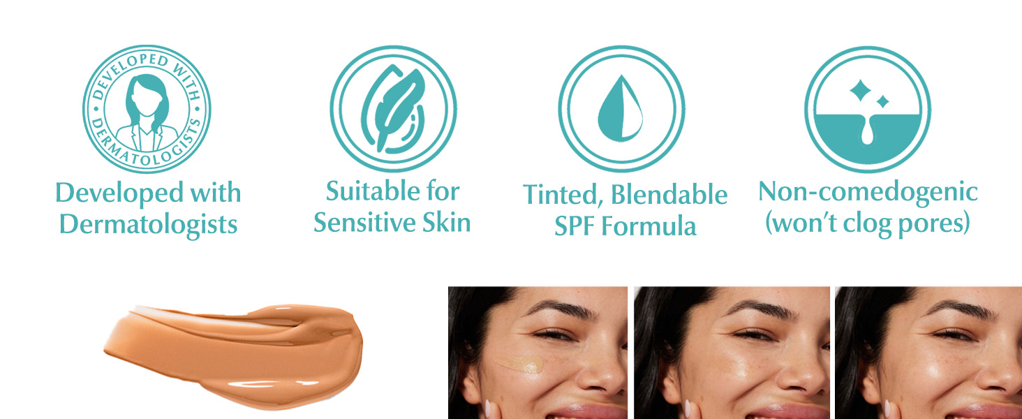 Developed with dermatologists, suitable for sensitive skin, tinted, SPF formula, non-comedogenic