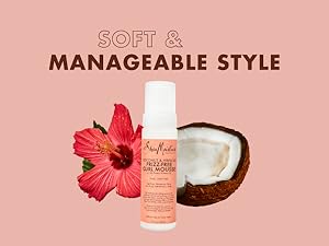 SheaMoisture Curl Mousse bottle with coconut and hibiscus on white background.