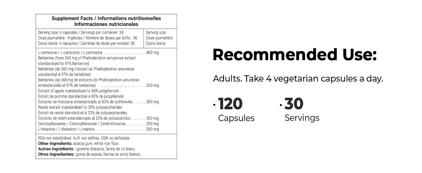 Supplement Facts L-Carnosine Berberine Apple Polyphenols Reishi Centrophenoxine 120 Capsules