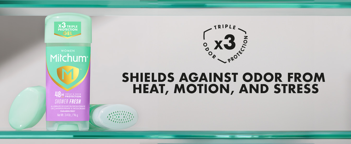 Triple Odor Protection shields against odor from heat, motion, and stress