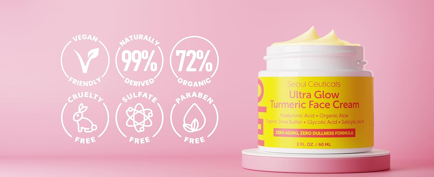 SeoulCeuticals Turmeric Face Cream on podium with 6 white badges showing key product benefits