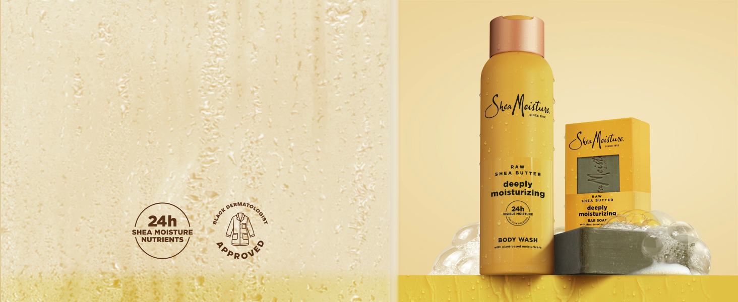 A collection shot of the Raw Shea Butter Body Wash and Bar Soap on a yellow background.