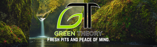 Green Theory logo above the words fresh pits and peace of mind with waterfall image