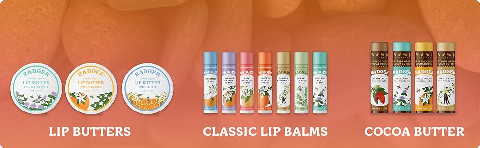 Badger lip butter, classic lip balm, cocoa butter lip balm