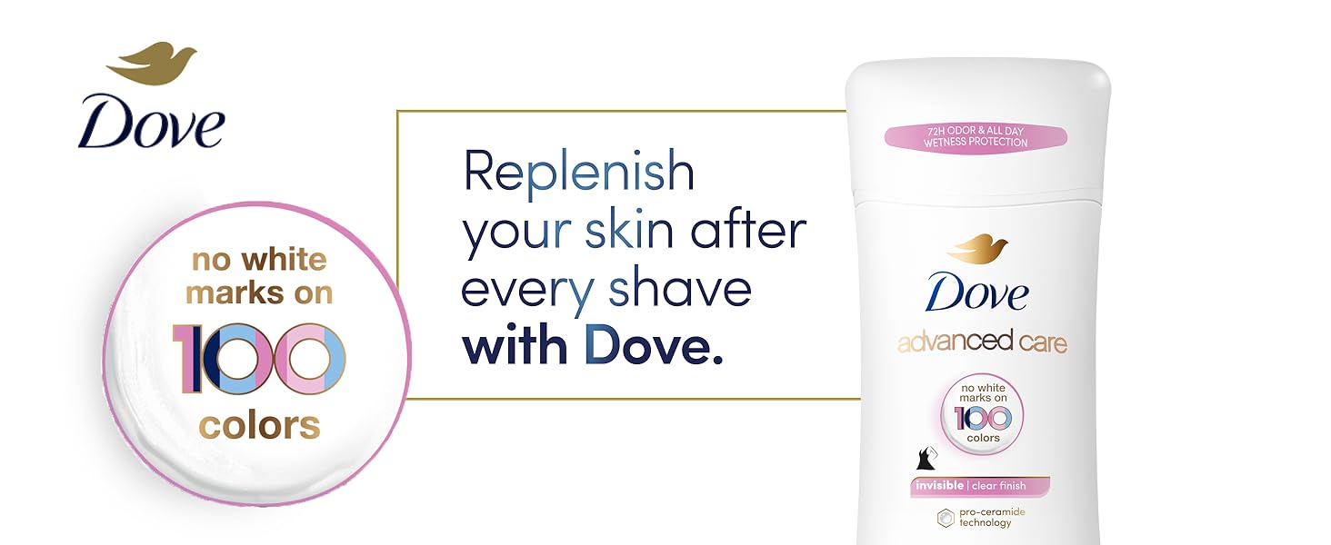 Top half of Dove Stick Deodorant bottle on white background with text.