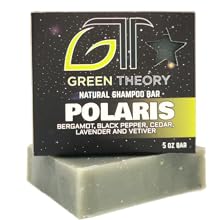 Green Theory Polaris shampoo bar laying on its side with product packing standing on top