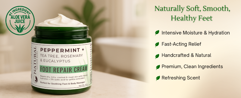 jar of peppermint tea tree foot cream for dry cracked feet and heels