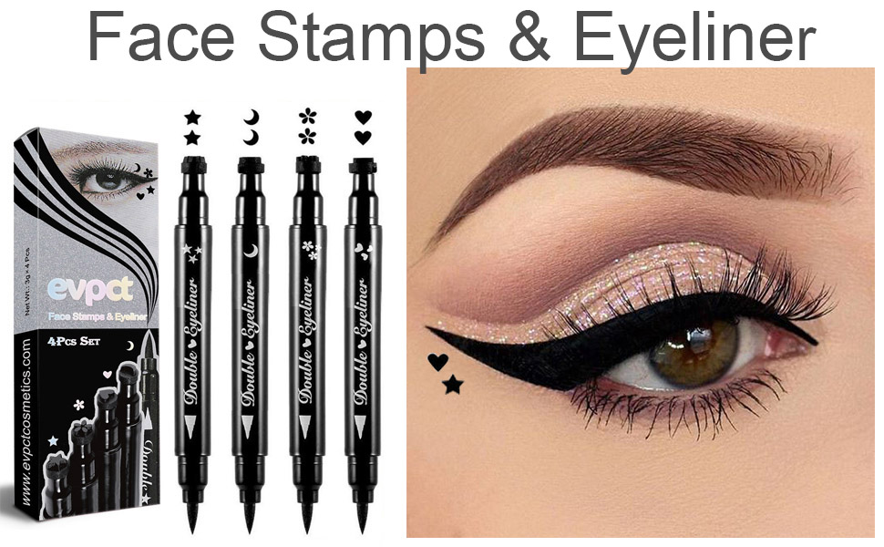 evpct 4 in 1 Flowers Hearts Moon Stars Shapes Face Stamps Eyeliner Pen Set