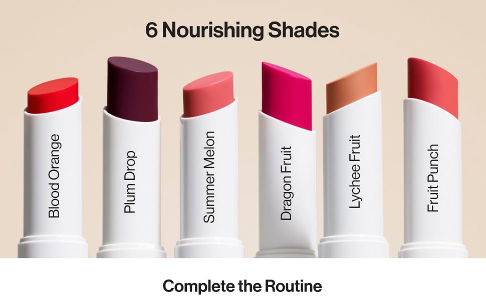 6 nourishing shades: blood orange, plum drop, summer melon, dragon fruit, lychee fruit & fruit punch