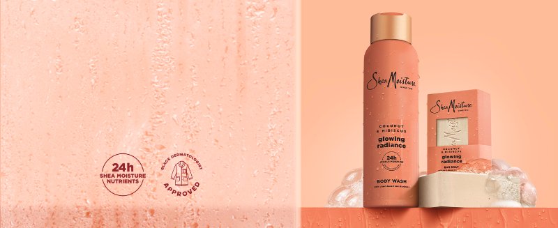 A collection shot of the Coconut & Hibiscus Body Wash and Bar Soap on a coral background.