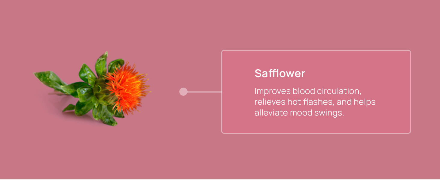 Safflower: Improves blood circulation, relieves hot fashes, and helps alleviate mood swings.
