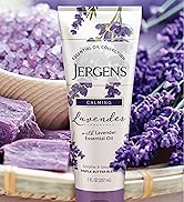 Bottle of Jergens Lavender Body Butter in front of lavender plant